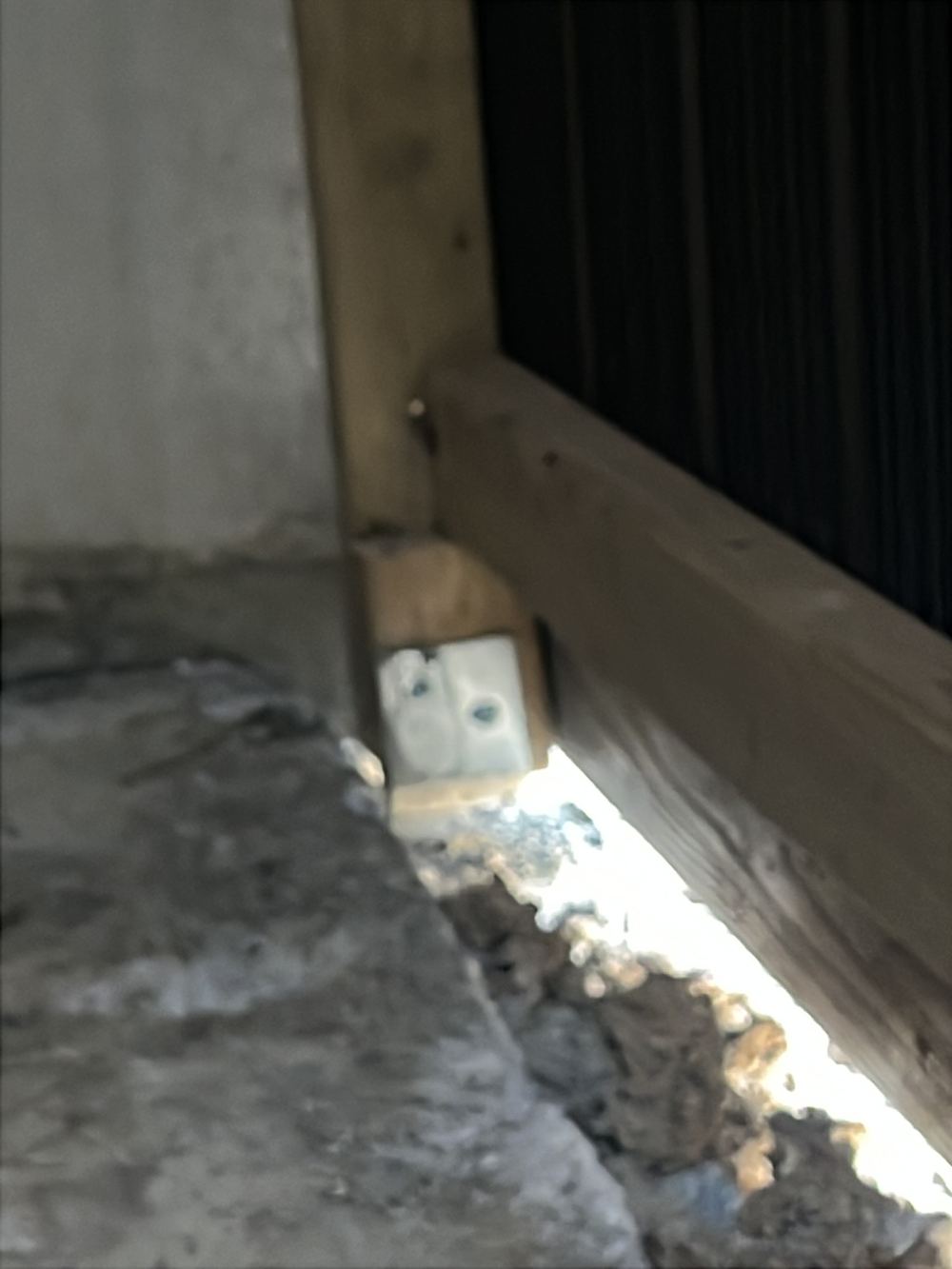 Timber cladding set into concrete at the rear of the house, found during a handover inspection in Cobbitty